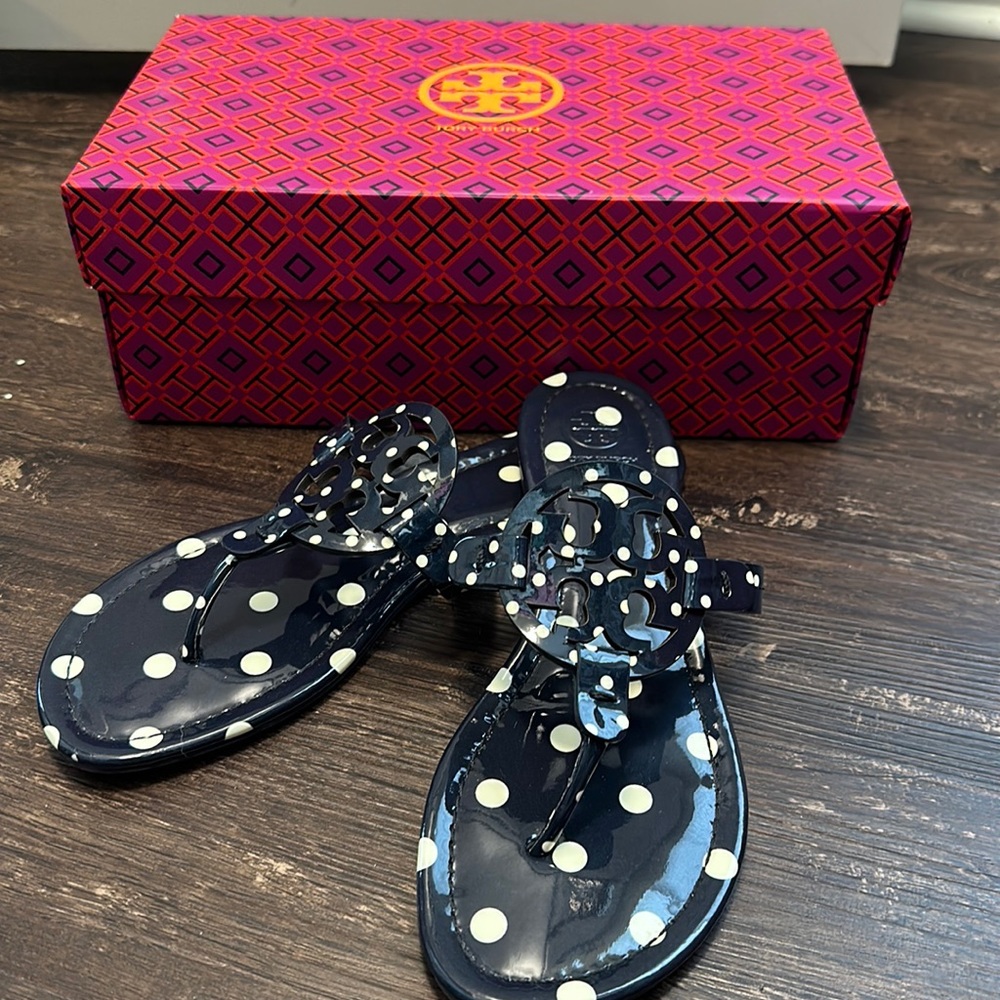 Tory Burch Polka Dot Navy Miller Sandals 8